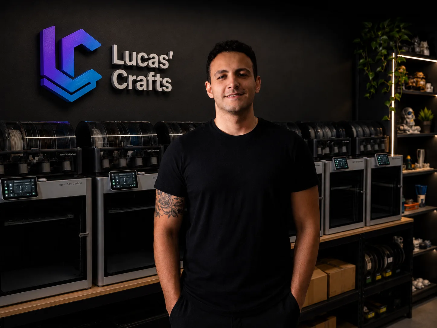Lucas at the Lucas' Crafts studio, in front of the print fleet
